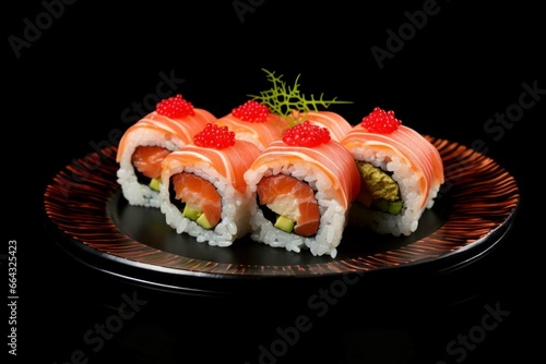 Delicious sushi served on red plate food. Asia raw food roll on background. Generate Ai