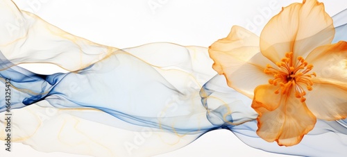 Abstract marbled ink liquid fluid watercolor painting texture banner illustration - Blue orange petals, blossom flower swirls gold painted lines, isolated on white background