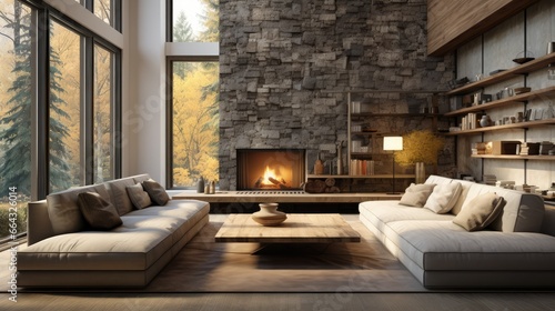 Modern living room interior with fireplace, sofa and coffee table. Minimalist natural style.