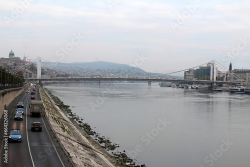 View of Budapest with the Elisabeth Bridge, the lower embankment road and the river Danube., Hungary.