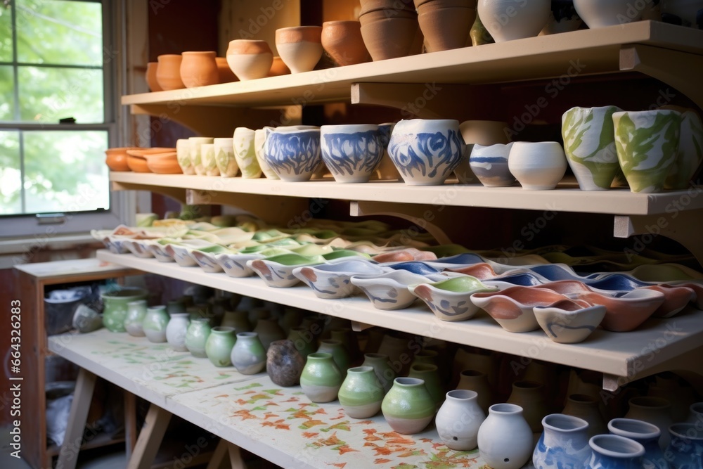 painted pottery drying on clay work-station shelves painted pottery drying on clay work-station shelves