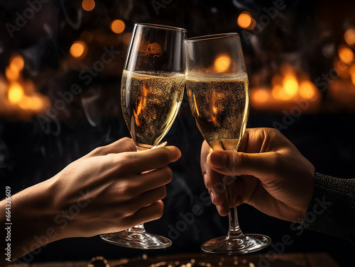 two hands with glasses of champagne to celebrate Christmas midnight in romantic atmosphere