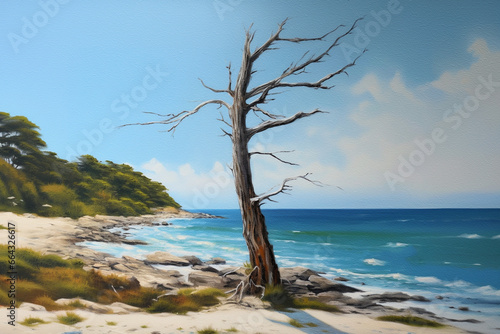 Seaside Tranquility: An Oil Painting of an Old Tree by the Turquoise Waters of the Beach