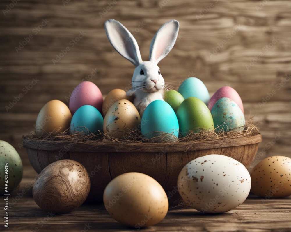 easter eggs in a basket on wooden background easter eggs in a basket on wooden background