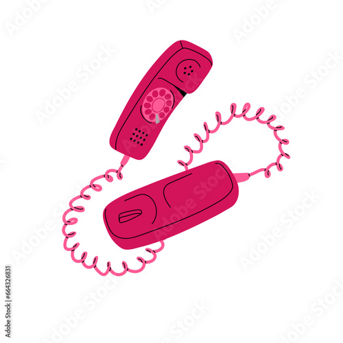 Retro phone with rotary disk, cable. Vintage pink telephone, old glam device, 80s communication technology, 90s receiver. Retrowave nostalgia. Flat isolated vector illustration on white background