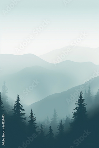 Whispers of Mist: A Tranquil Journey Through Layered Mountain Ranges and Silent Evergreen Forests - Ethereal Blues: Captivating Dance of Fog - Copy Space.