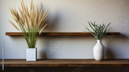 A poster frame hangs on a white wall above a wooden shelf with a vase filled with pampas grass  showcasing Scandinavian home interior design in the modern living room