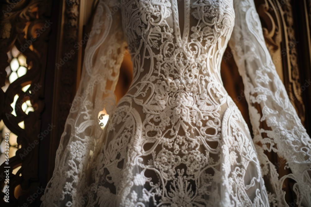 close-up of intricate details on a hanging wedding dress