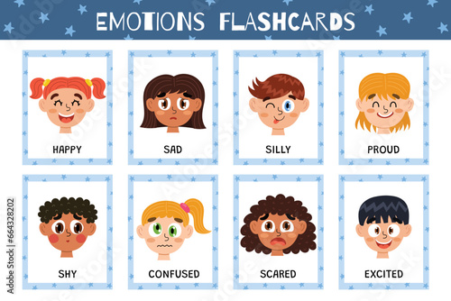Emotions flashcards collection. Flash cards set with cute kids characters for practicing reading skills. Learn feelings vocabulary for school and preschool. Vector illustration photo
