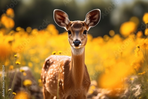Female roe deer with beautiful flower. photo