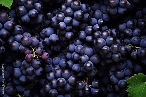 Flat lay background of vines, lots of organic blue dark grapes. © FurkanAli