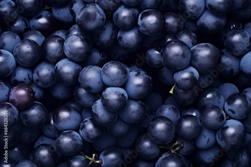 Flat lay background of vines, lots of organic blue dark grapes.