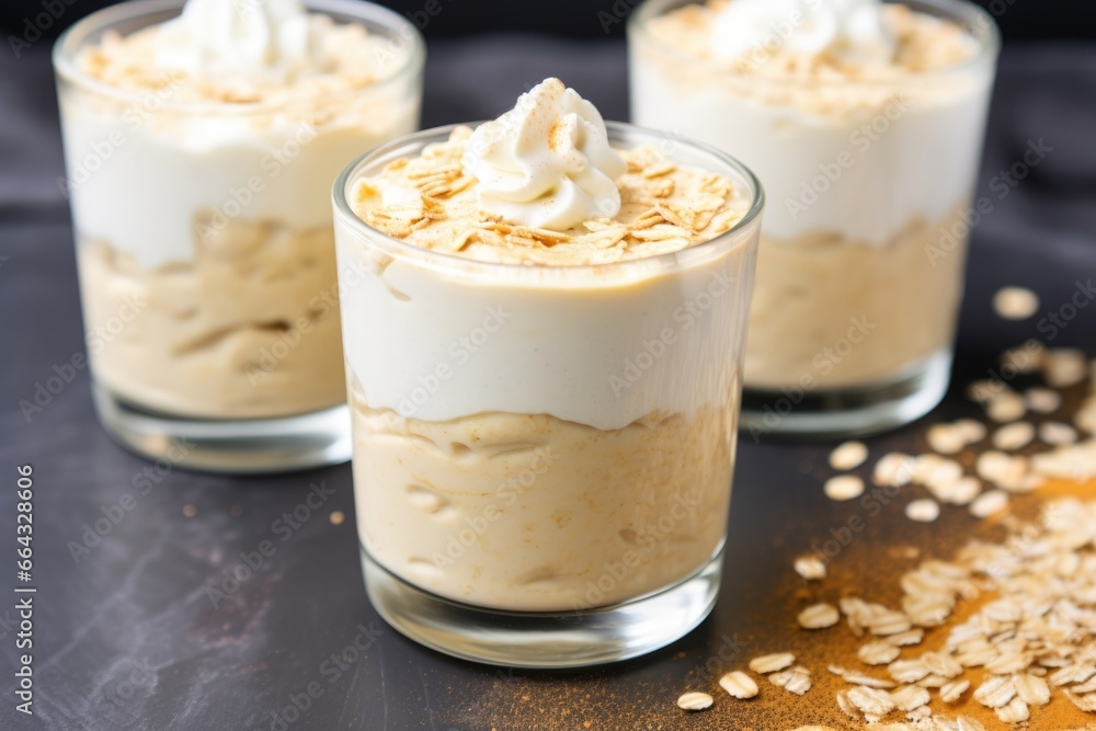 cheesecake flavored oats in glass, cream on top cheesecake flavored oats in glass, cream on top