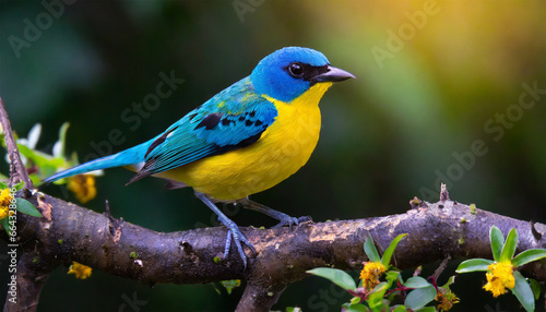 Tanager bird perched on a branch with blue and yellow shades against a dark backdrop © Tatiana