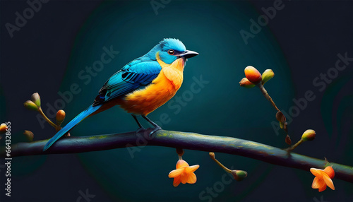 Tanager bird perched on a branch with blue and yellow shades against a dark backdrop
