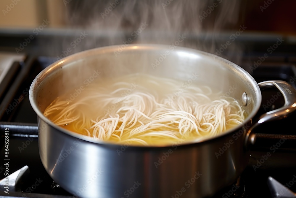 a pot filled with boiling water and fettuccine pasta a pot filled with boiling water and fettuccine pasta