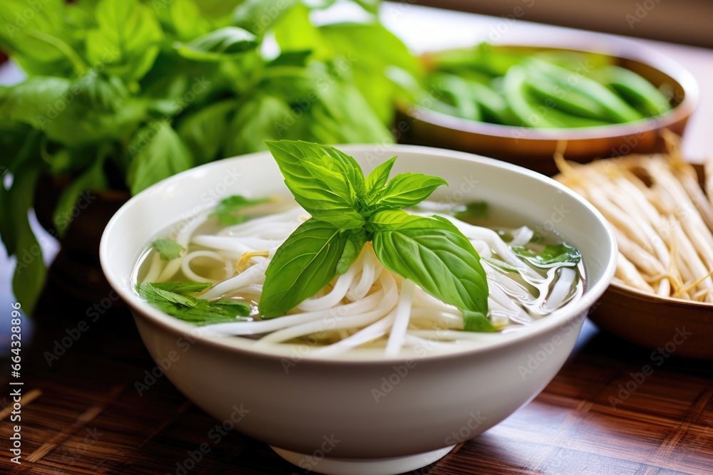 close-up shot of pho garnished with fresh thai basil leaves close-up shot of pho garnished with fresh thai basil leaves