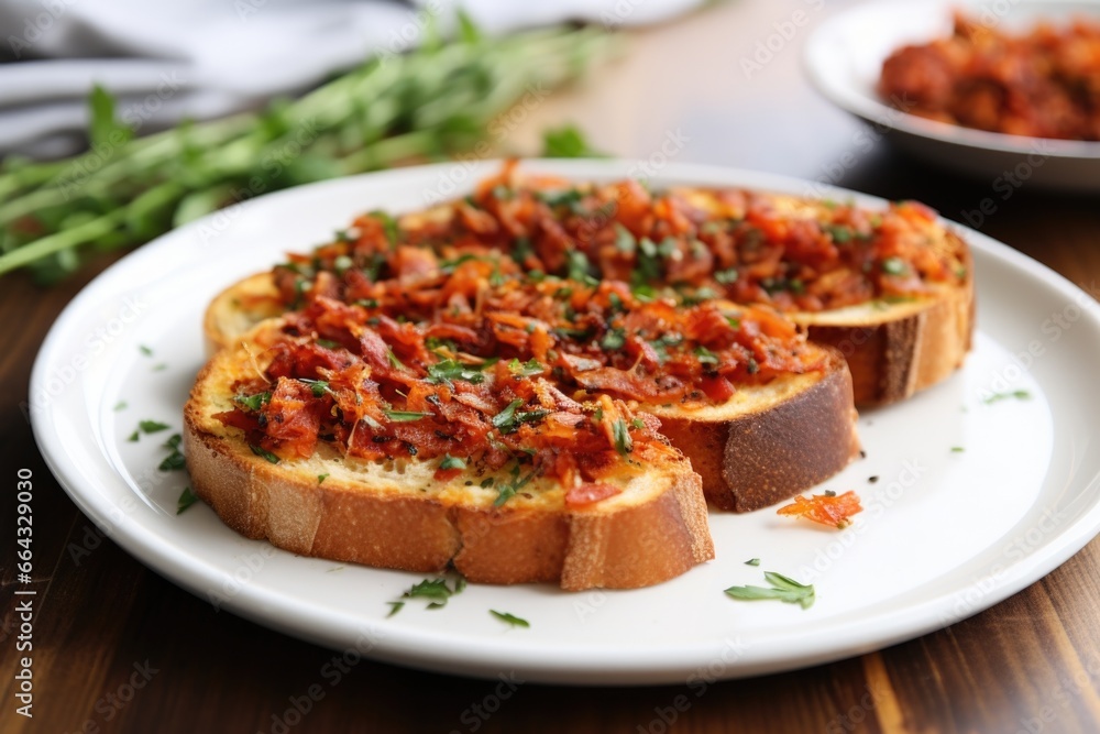 a toasted garlic bread pizza on a white plate a toasted garlic bread pizza on a white plate