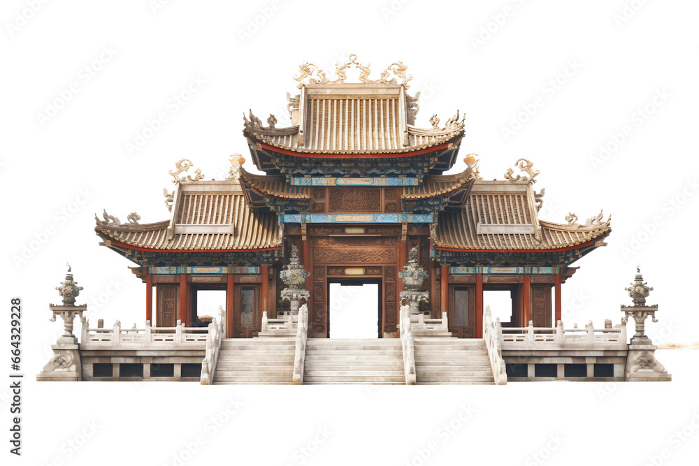 Ornate Ancient Chinese Temple on transparent background.