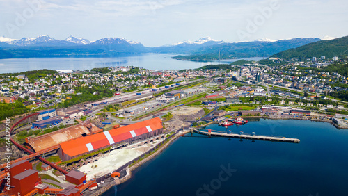 Narvik, Norway - June 20, 2023: Narvik harbor and city centre in Norway seen from the air photo