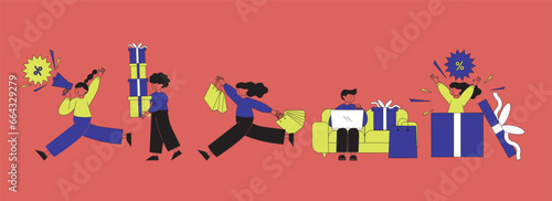 A set of character design in promotion sale day , cheering and celebrating, buying gift on sale