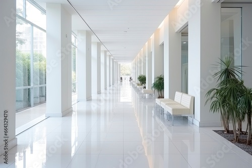 Interior design of a modern luxurious white building corridor or hallway with waiting seat. © FurkanAli