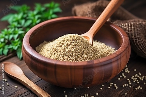cooked quinoa in an earthen bowl with a wooden spoon © altitudevisual