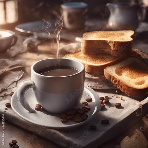 morning coffee cup, realistic steam, toast with butter, food for breakfast by a window, coffee beans, cream and sugar jugs