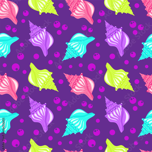 Colorful seashell and bubbles cartoon seamelss pattern. Vector illustration