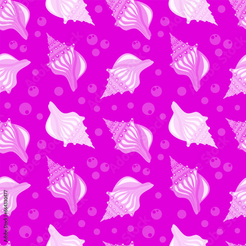 Colorful seashell and bubbles cartoon seamelss pattern. Vector illustration