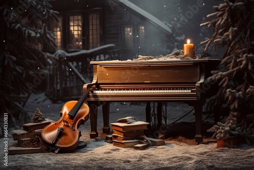 Winter colors and music, green tree, snow covered ground, outdoor violin and piano.