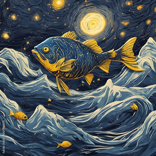 gold and blue fish in post-impressionism style with artful wave patterns and smaller fish, night sky, stars and moon, bright, fish leaping out of water background