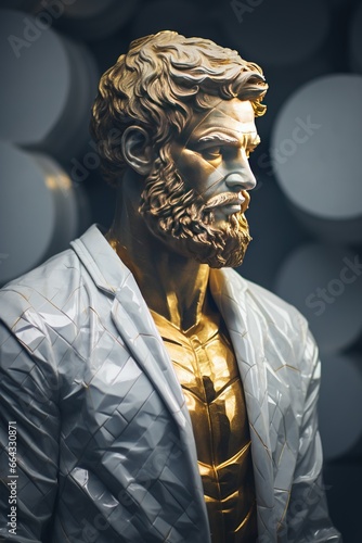 Une belle sculpture futuriste d un homme sto  que avec des touches d or et de marbre. Repr  sentant le sto  cisme. IA g  n  rative  IA