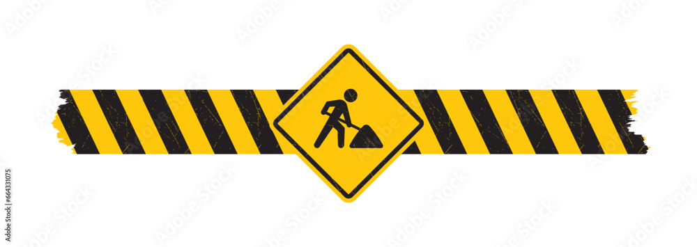 Vector yellow sign - black silhouette figure with a shovel and safety tape - roadwork. Isolated on white background. Vector yellow sign - black silhouette figure with a shovel and safety tape - roadwork. Isolated on white background.