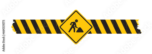 Vector yellow sign - black silhouette figure with a shovel and safety tape - roadwork. Isolated on white background.