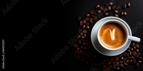 Top view espresso elegance. Close up aromatic coffee cup with roasted beans. Morning delight. Dark and rich. Vintage background photo
