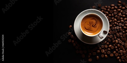 Top view espresso elegance. Close up aromatic coffee cup with roasted beans. Morning delight. Dark and rich. Vintage background