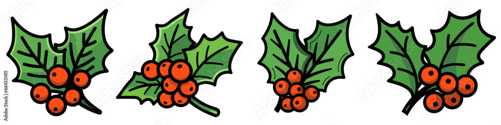 Fototapeta premium Christmas holly berry leaves icon. Cartoon Christmas icons set.