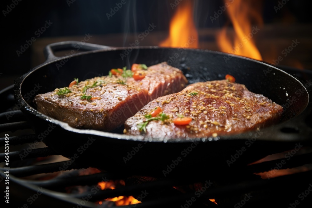 sizzling tuna steak on a cast iron pan