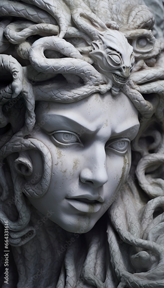 Portrait of cyborg medusa close up carved in marble.