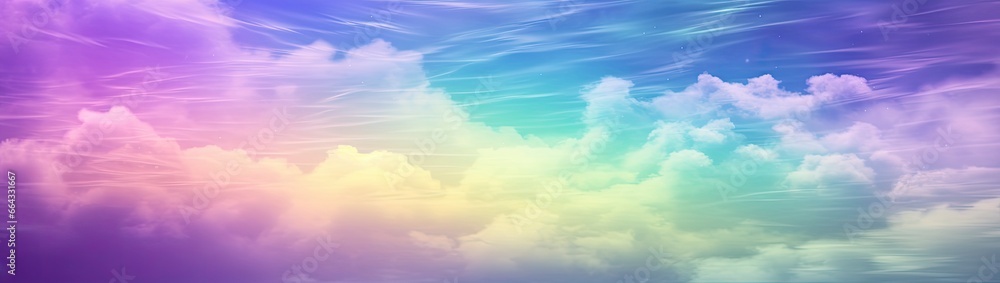 Rainbow sky with fluffy clouds. Multicolored toned sky.