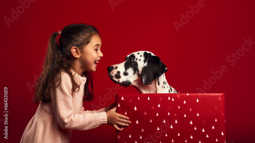 Mała dziewczynka cieszy się na widok psa w pudełku prezentowym