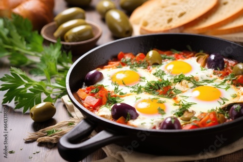 mediterranean shakshuka with olives and artichokes added