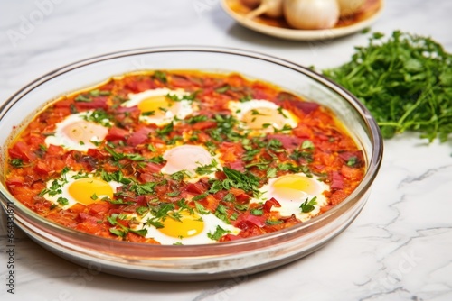 shakshuka in a transparent dish on a marble countertop