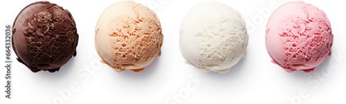 Set of four various ice cream balls or scoops isolated on white background.