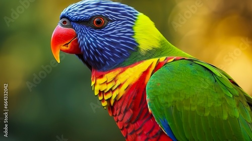 Side view Closeup of beautiful and colorful Lorikeet Green naped bird.