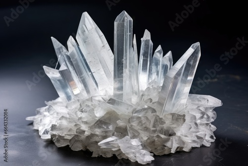 cluster of quartz crystals on a grey stone surface