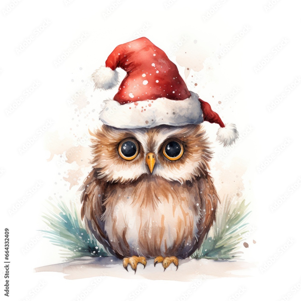 The watercolor Christmas card showcases a curious owl, eyes wide, sporting a delightful Santa Claus hat The watercolor Christmas card showcases a curious owl, eyes wide, sporting a delightful Santa Claus hat