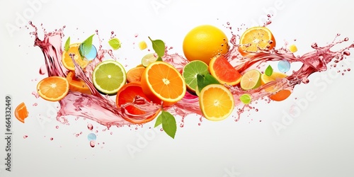 Swirl water splash with fruits. liquid flow with ice cubes and a mix of fresh fruits.