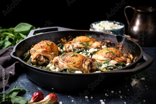 chicken stuffed with spinach and feta in a cooking pan